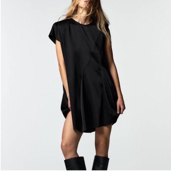 Zara Black Satin Asymmetric Mini Dress Small - Picture 1 of 6